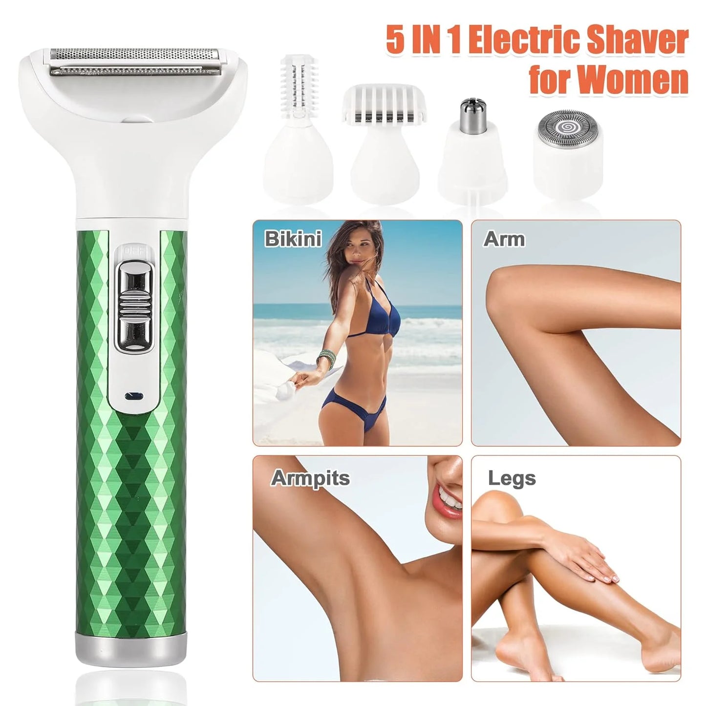 Electric Razor for Women, 5 in 1 Electric Shaver for Women, Portable Rechargeable Hair Trimmer Wet and Dry Cordless Women Shaver Hair Remover for Face, Legs, Nose and Bikini