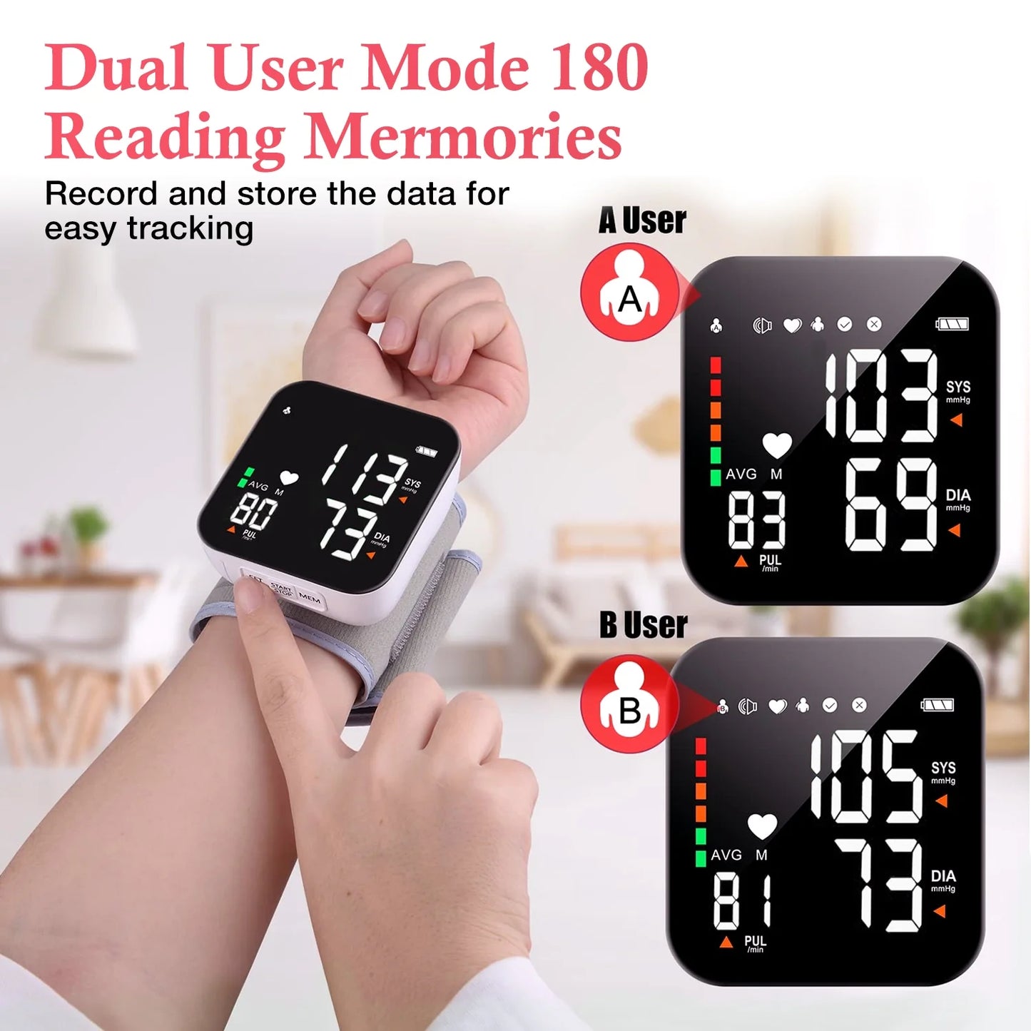 Blood Pressure Monitor, Wrist Pressure LCD Display Automatic Voice Pulsometer Sphygmomanometer, Rechargable Heart Health BP Monitor for Home Travel Use,White