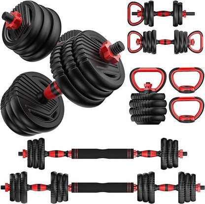 Adjustable Dumbbell Set 60 Lbs, 4-In-1 Weights Set, Barbell, Push-Up for Home Gym, Red/Black